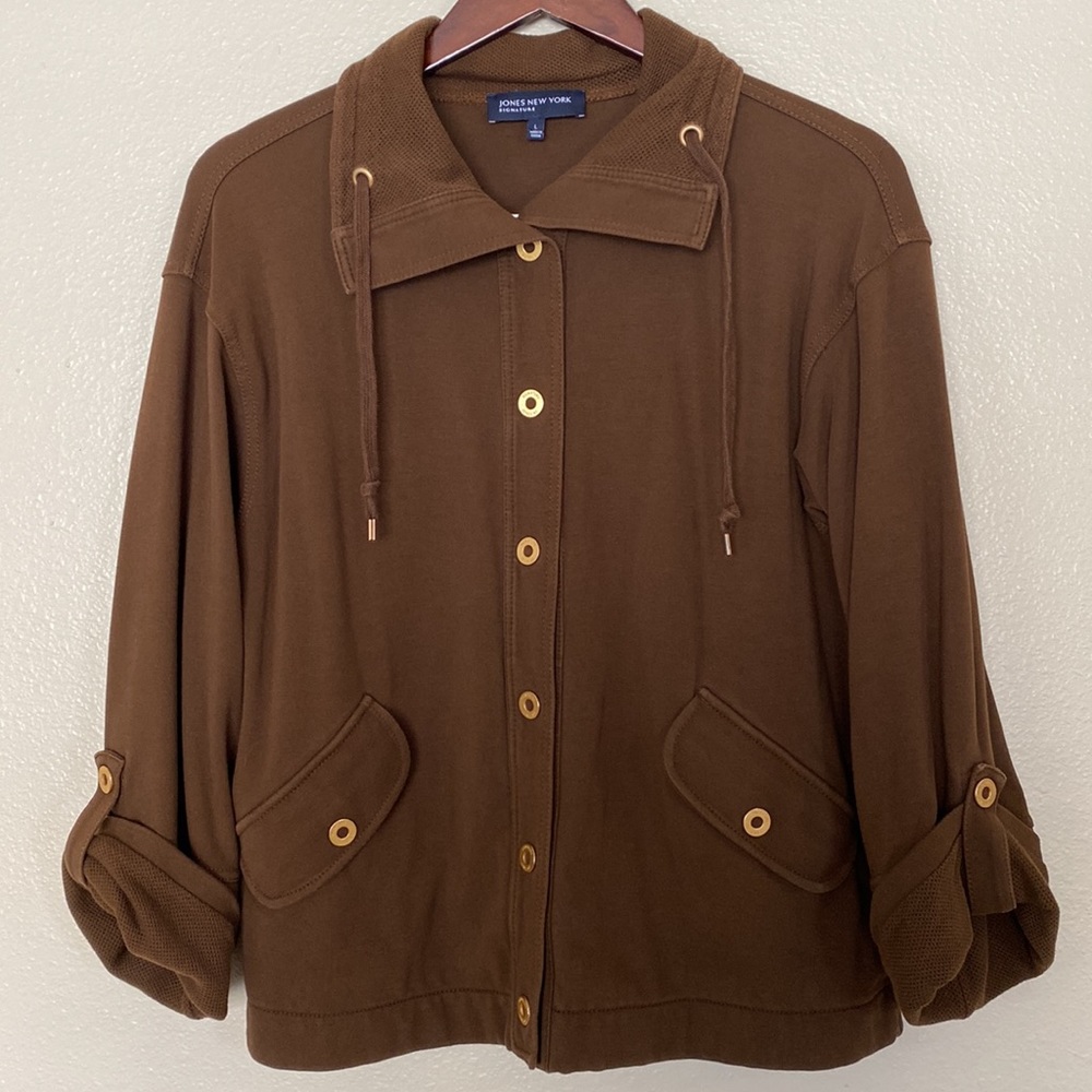 Jones New York Signature| Womens Jacket 3/4 Sleeve Brown Gold Snaps